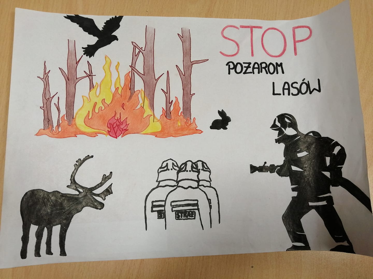 Plakat przedstawiający płonące drzewa, uciekające zwierzęta, strażaków w akcji.